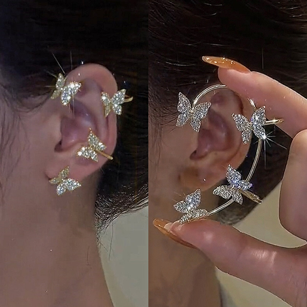 Boucle d'oreille papillon en plaqué or 18 carats, incrustée de pierres et anti-allergique.